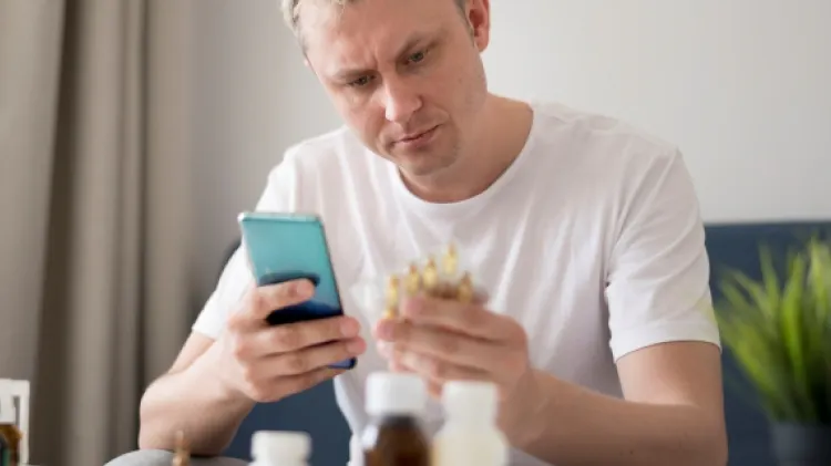 Fiatal férfi ül egy asztalnál, az asztalon többféle gyógyszer található. Telefonja segítségével információt gyűjt a gyógyszerekről