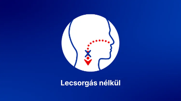 A kép azt szemlélteti, hogy a bepermetezett gyógyszer nem csorog le a hátsó garatfalon