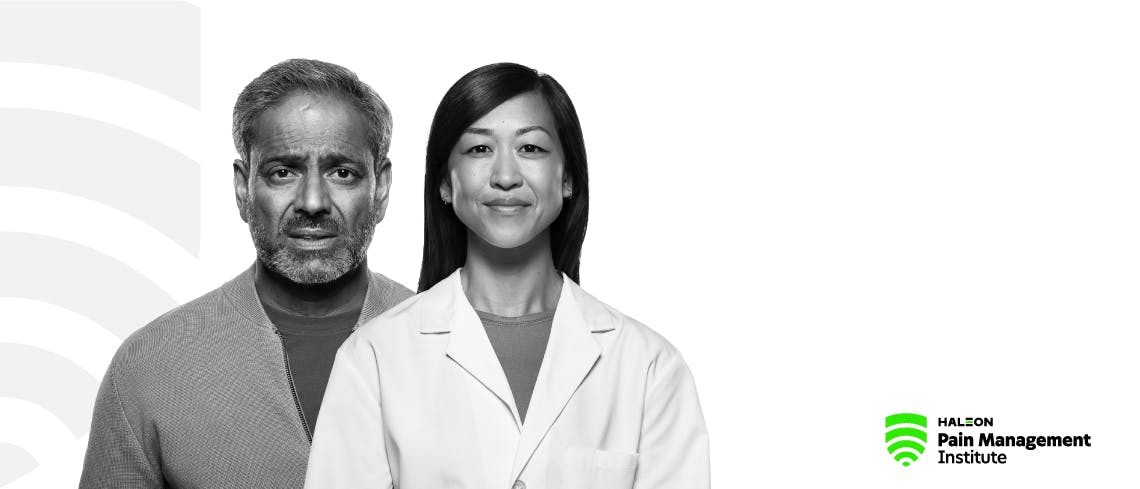 Gambar seorang pria tua yang mengerutkan kening kesakitan di samping seorang dokter wanita yang lebih muda