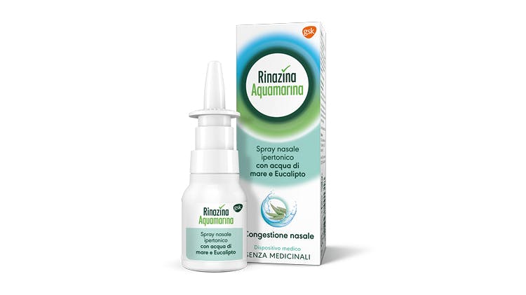 Rinazina Aquamarina Spray Nasale ipertonico con olio essenziale di  Eucalipto e estratto di menta selvatica.