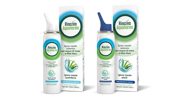 Rinazina Aquamarina spray nasale isotonico con Aloe Vera nebulizzazione delicata e Rinazina Aquamarina Spray Nasale isotonico con Aloe vera nebulizzazione intensa