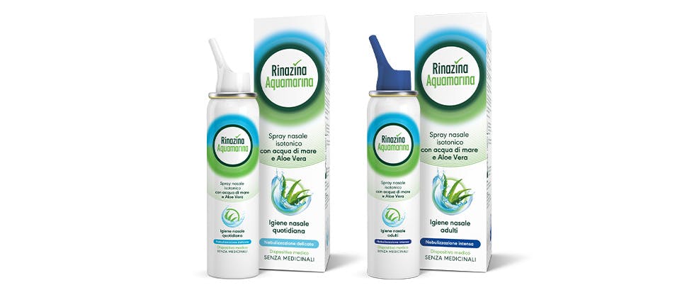 Rinazina Aquamarina Spray Nasale isotonico con Aloe vera- nebulizzazione delicata, e Rinazina Aquamarina Spray Nasale isotonico con Aloe vera- nebulizzazione intensa