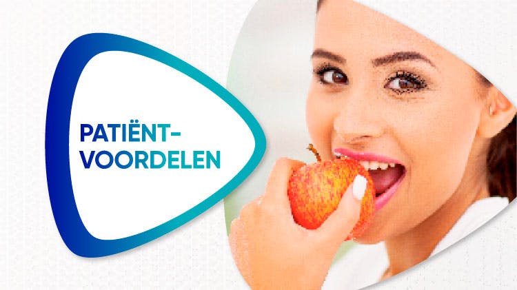 Tekst laat patiëneten voordeel zien met een afbeelding van een appel etende vrouw
