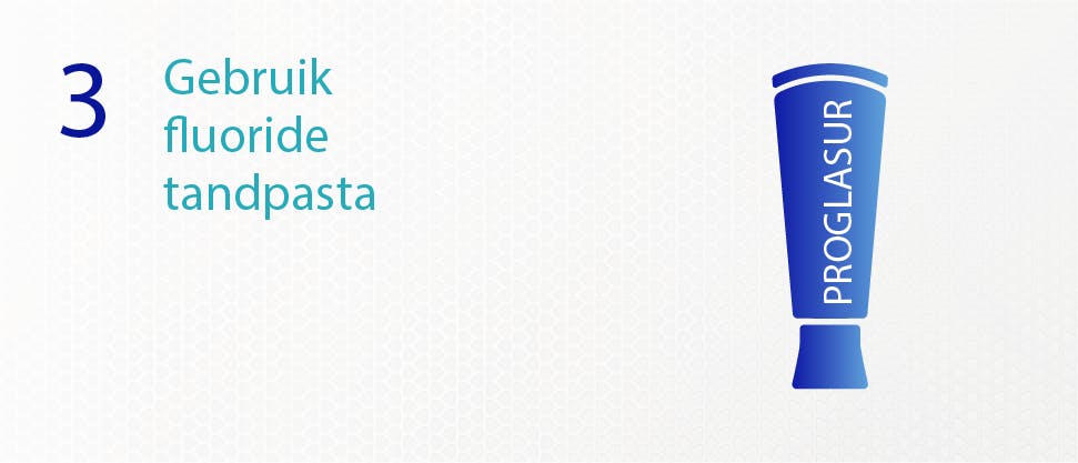 Nummer 3 met tekst, gebruik een fluoride-specifieke tandpasta met een tandpasta-icoon