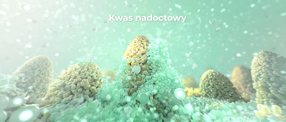 Zrzut ekranu z filmu przedstawiającego mechanizm działania tabletek czyszczących do protez zębowych