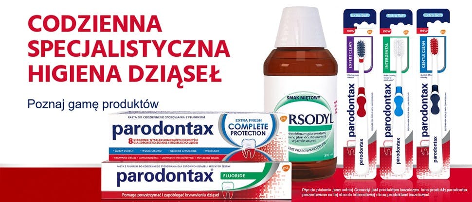 Produkty marki parodontax oraz płyn do płukania jamy ustnej Corsodyl 0,2%