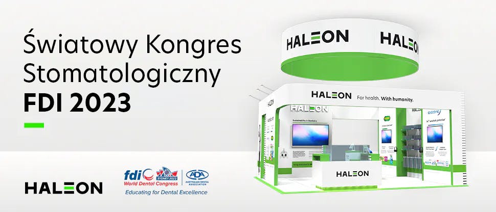 Wizualizacja 3D stanowiska firmy Haleon podczas kongresu FDI, z logo firmy Haleon i FDI