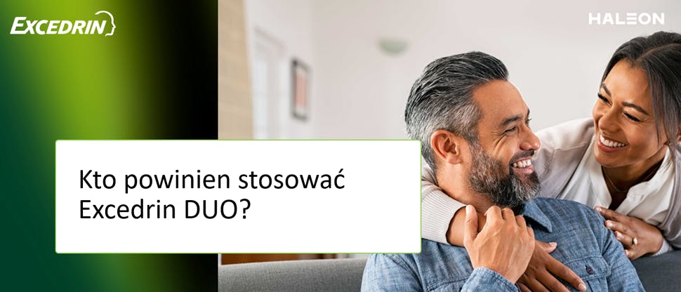 Grafika przedstawiająca uśmiechniętą parę i nagłówek „Kto powinien stosować Excedrin DUO?”