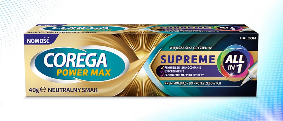 Krem do mocowania protez zębowych Corega Power Max Supreme All in 1 – zdjęcie opakowania