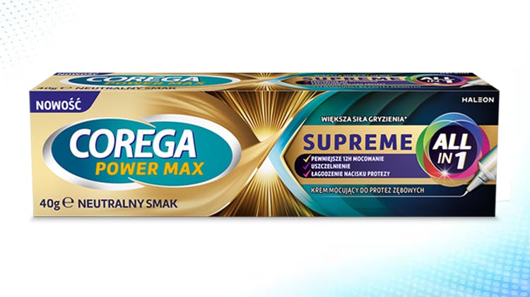 Krem do mocowania protez zębowych Corega Power Max Supreme All in 1 – zdjęcie opakowania