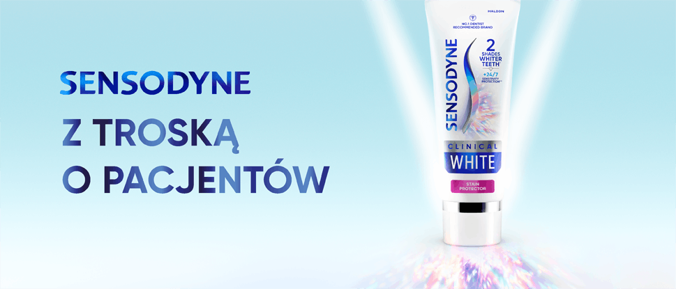 Baner Sensodyne przedstawiający opakowanie wybielającej pasty do zębów z tekstem „Z troską o pacjentów”