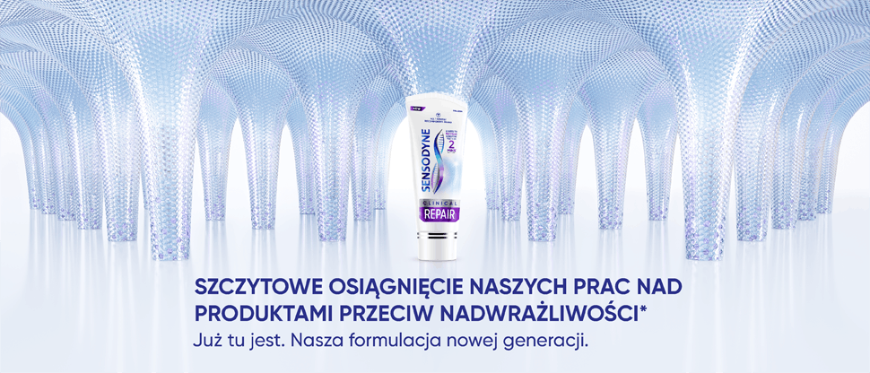 Baner Sensodyne przedstawiający tubkę zbudowaną z klocków, z tytułem „szczytowe osiągnięcie naszych prac nad produktami przeciw nadwrażliwości”
