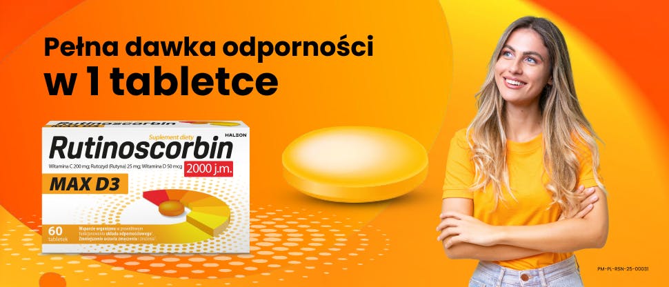 Uśmiechnięta dziewczyna z opakowaniem Rutinoscorbin MAX D3, napis: Pełna porcja odporności w 1 tabletce