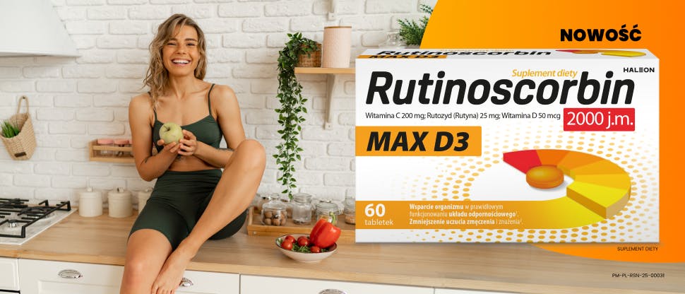Zdrowa, uśmiechnięta kobieta i produkt Rutinoscorbin z hasłem NOWOŚĆ 