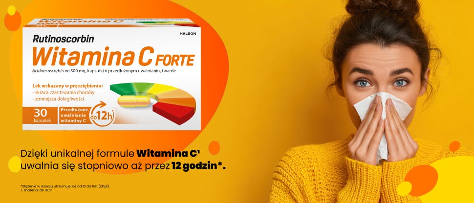 Opakowanie Rutinoscorbin Witamina C Forte I kichająca kobieta w chusteczkę