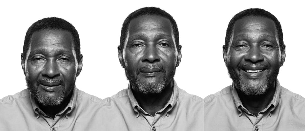 3 imagens de um homem passando de uma expressão de dor para um sorriso