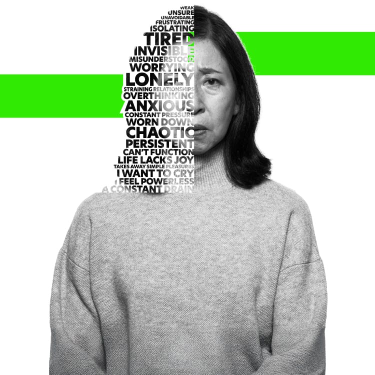 Retrato de uma mulher de meia-idade com expressão de dor