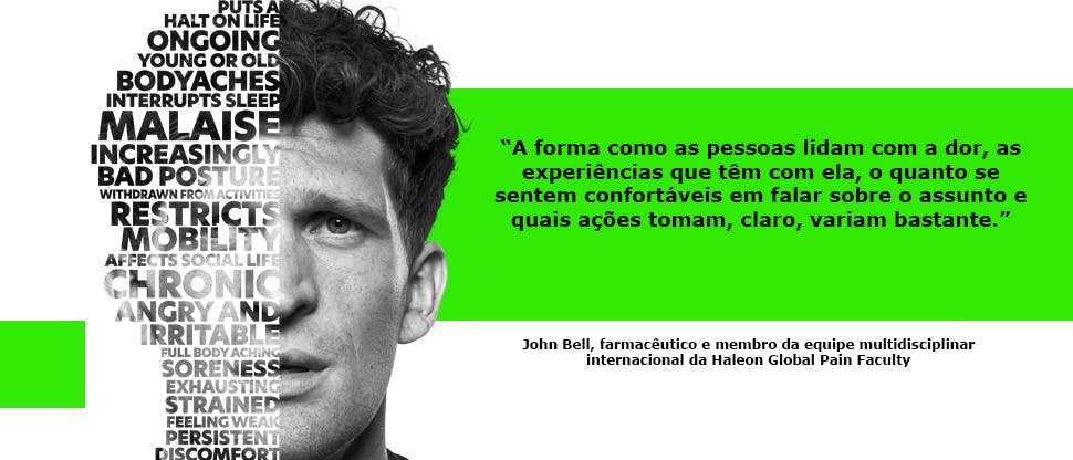 Citação de John Bell: “A forma como as pessoas lidam com a dor, as experiências que têm com ela, o quanto se sentem à vontade para falar sobre isso e as ações que tomam, naturalmente, variam muito”
