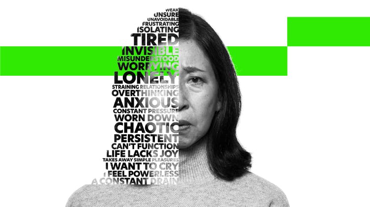 Retrato de uma mulher de meia-idade com expressão abatida devido à dor