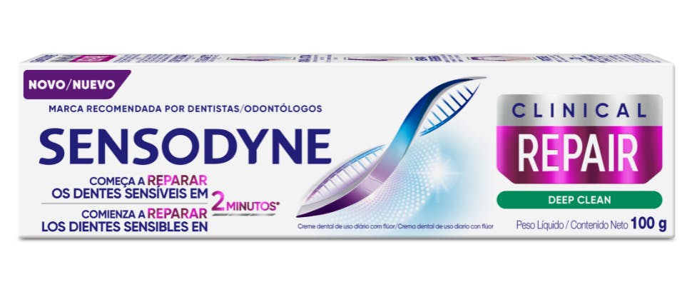 Banner Sensodyne apresentando um tubo do novo Creme Dental Sensodyne Clinical Repair