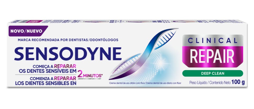 Banner Sensodyne apresentando um tubo do novo Creme Dental Sensodyne Clinical Repair 