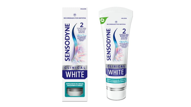 Caixa do creme dental Sensodyne Clinical White