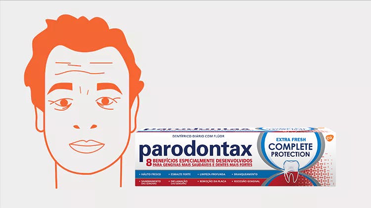 Ilustração Tiago e embalagem de Parodontax Complete Protection