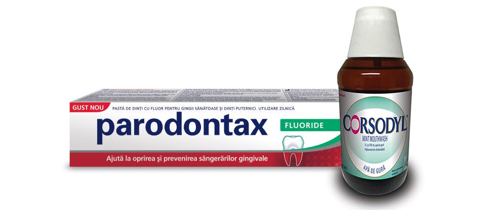 Pasta de dinţi parodontax Fluoride şi Corsodyl Mint Mouthwash 0,2 g/100ml, apă de gură fără alcool