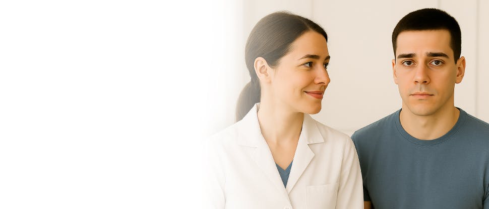 Un bărbat cu aspect anxios stă lângă un profesionist din domeniul sănătății încrezător și zâmbitor.