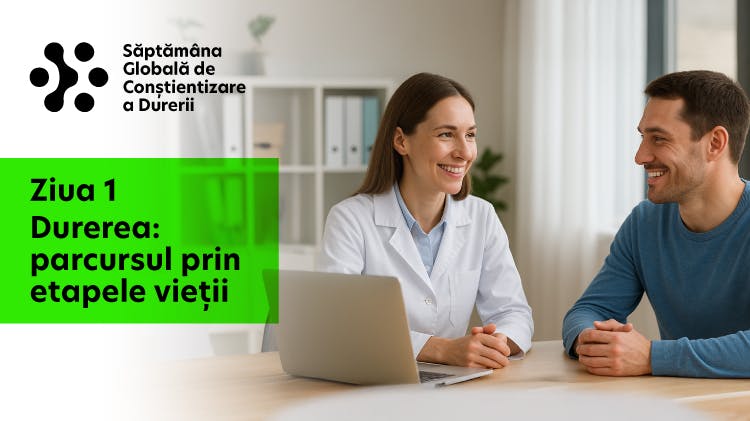 „Ziua 1: Durerea : parcursul prin etapele vieții" lângă o fotografie a unui medic care consultă un pacient prin apel video