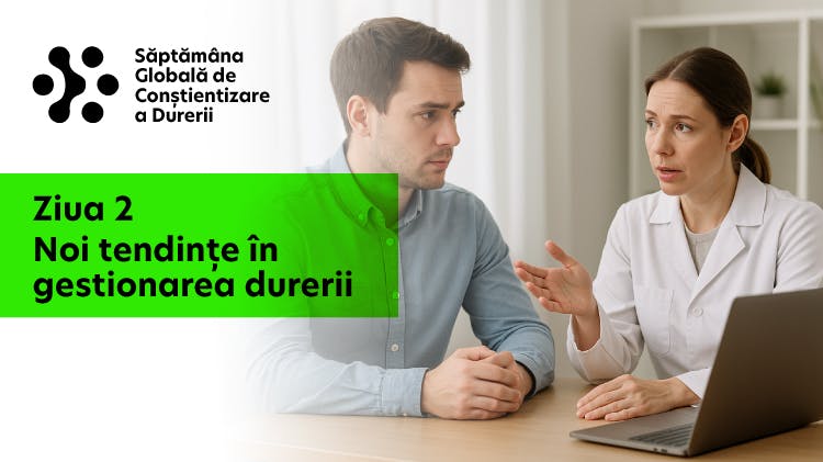 Imaginea unei femei medic care dă sfaturi unei paciente în vârstă, suprapusă cu textul "ziua 2: noi tendințe în gestionarea durerii"