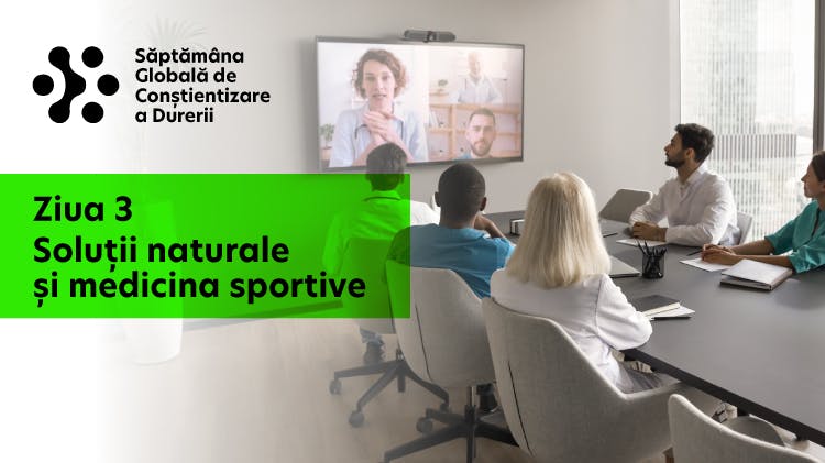 Imaginea unui grup de medici care participă la o videoconferință, suprapusă cu textul "ziua 3: soluții naturale și medicina sportivă".