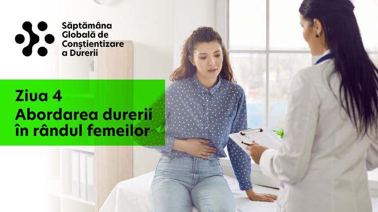 Imagine cu un medic care ajută o pacientă care poartă un halat de spital, cu exerciții fizice, suprapusă cu textul "ziua 4: Abordarea durerii în rândul femeilor "