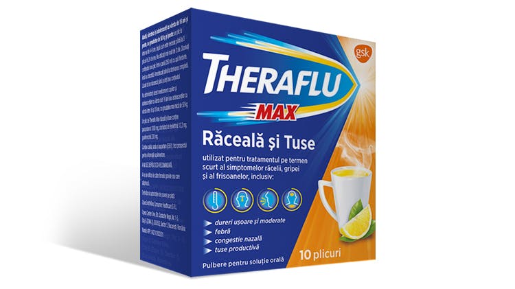 Cutie de Theraflu Max Răceală și Tuse 1000 mg/12,2 mg/200 mg pulbere pentru soluţie orală