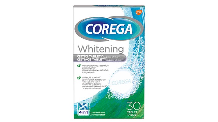 Obalový dizajn čistiacich tabliet na zubné náhrady Corega Whitening