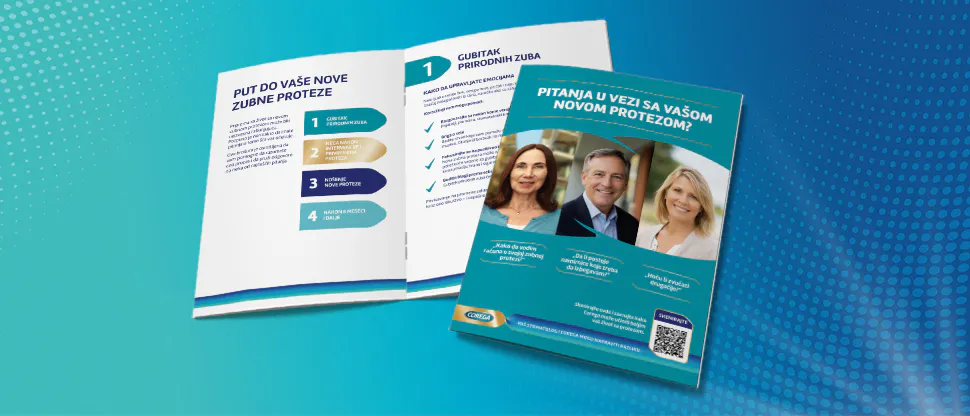 Slika Haleon HealthPartner publikacija i vodiča za stomatologe o podršci pacijentima sa zubnim protezama i prednostima krema za pričvršćivanje zubnih proteza