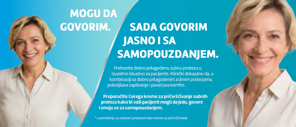 Pacijentkinja sa zubnom protezom, korisnica proizvoda iz Corega asortimana: „Mogu jasno i sa samopouzdanjem da govorim“