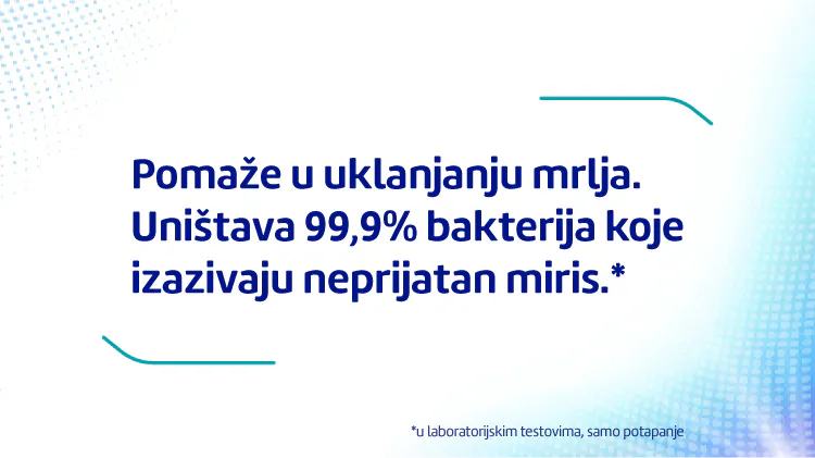 Tablete za čišćenje zubnih proteza pomažu u uklanjanju mrlja i uništavaju 99,9% bakterija koje izazivaju neprijatan miris. Redovno, svakodnevno čišćenje pomaže u uklanjanju tvrdokornih mrlja¹⁴⁻¹⁵ i uništava 99,9% bakterija koje izazivaju neprijatan miris.*⁵⁻⁷ in vitro 