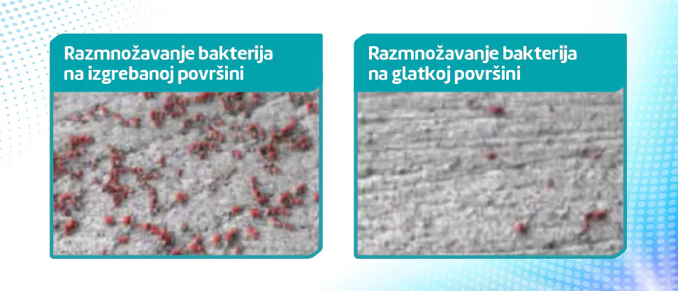 Slike koje prikazuju veći rast bakterija na izgrebanoj površini zubne proteze u poređenju sa neizgrebanom površinom