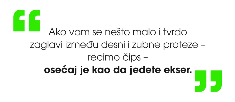 Citat koji opisuje neprijatno iskustvo zapadanja hrane ispod zubne proteze