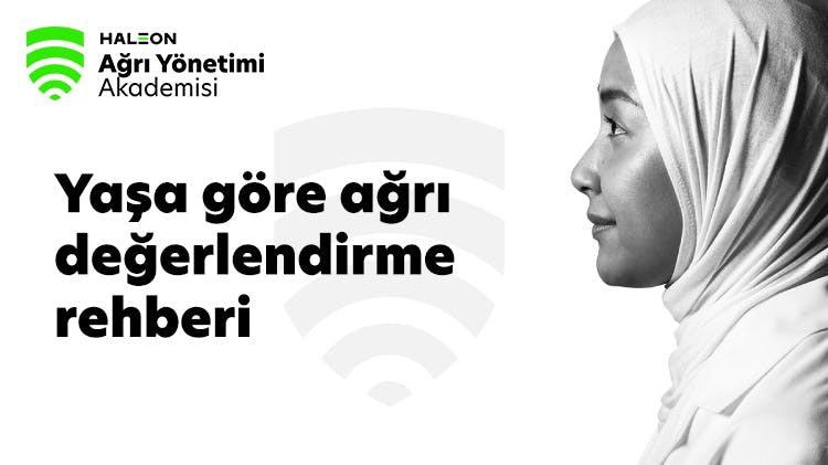Arkaplanda Haleon Ağrı Yönetimi Enstitüsü logosu ve başörtüsü takmış genç bir kadının profilden resmi
