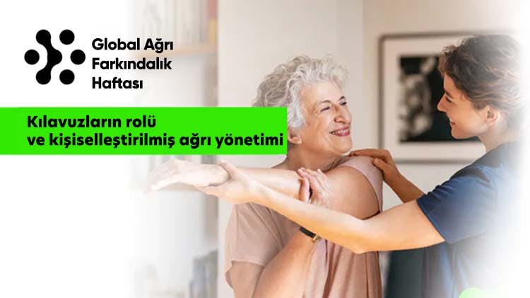 Global Ağrı Farkındalık Haftası banner: yaşlı kadın hasta genç bir fizyoterapistten fizyoterapi almaktadır resim üzerinde “Ağrı yönetiminde farmakolojik olmayan yaklaşımlar” yazmaktadır