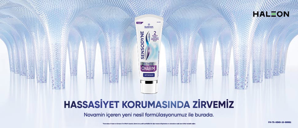 Sensodyne afişi, yeni Sensodyne Klinik Onarım Diş Macunu tüpü ve 'Hassasiyet serimizin zirvesi' metni ile