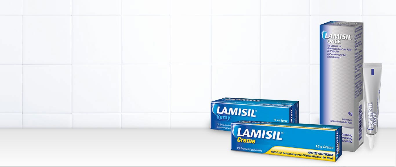 Badezimmer Fliesen mit Lamisil Creme Pakshot Hintergrundbild