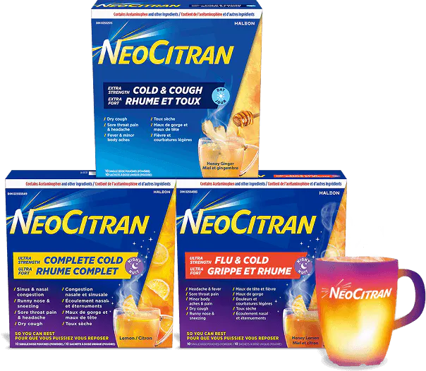 Gamme de produits NeoCitran avec une tasse réconfortante