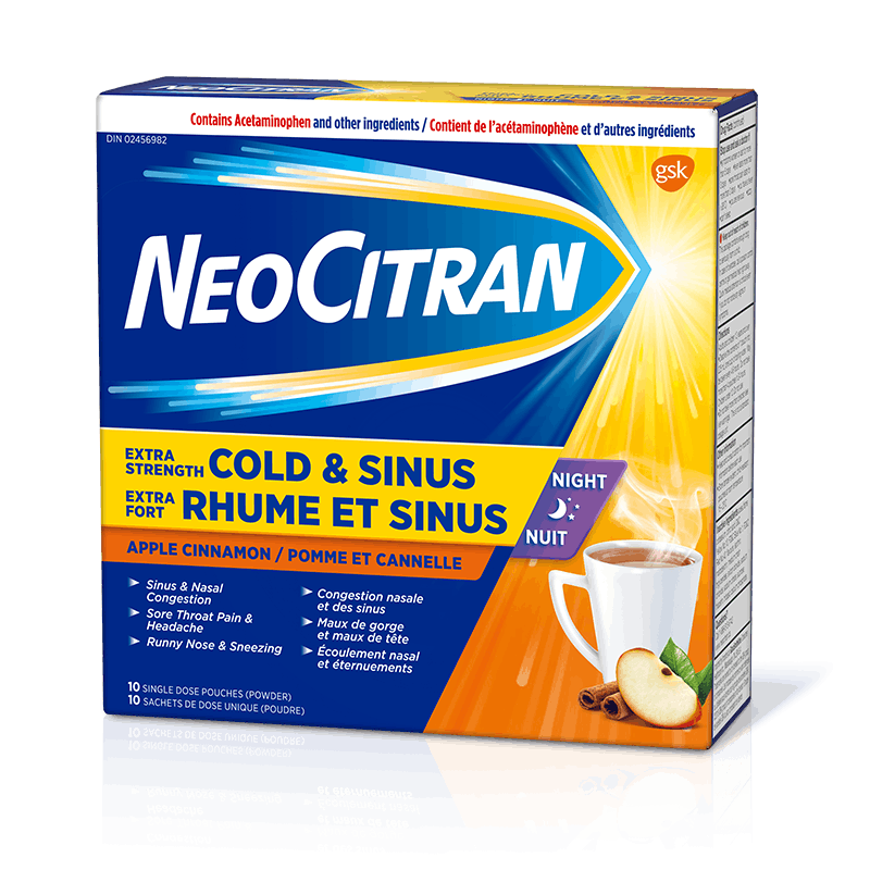 NeoCitran Extra Fort Rhume et sinus Nuit – Pomme et cannelle