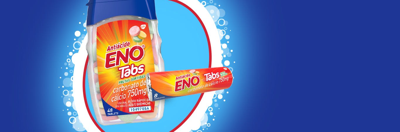 ENO Tabs disponível em pacotes com 48 ou 8 pastilhas.