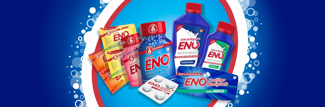 ENO Tabs ( frasco com 48 pastilhas ou rolete com 8 pastillhas) no sabor frutas sortidas. Sal de Fruta ENO (sachê com 5 g ou frasco com 100g) em diferentes sabores.