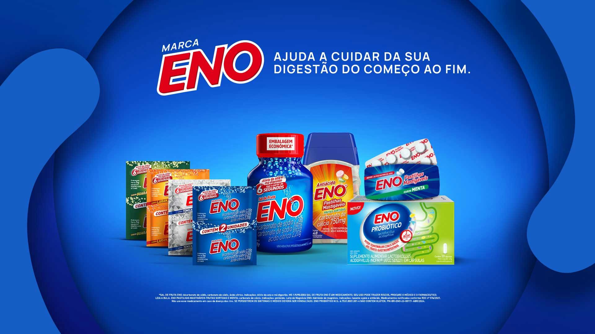 ENO Tabs ( frasco com 48 pastilhas ou rolete com 8 pastillhas) no sabor frutas sortidas. Sal de Fruta ENO (sachê com 5 g ou frasco com 100g) em diferentes sabores.