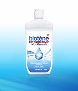 A bottle of Biotène Dry Mouth Moisturizing Mouthwash